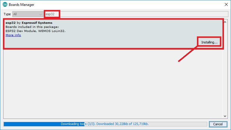 Boards Manager searching esp32 with install button