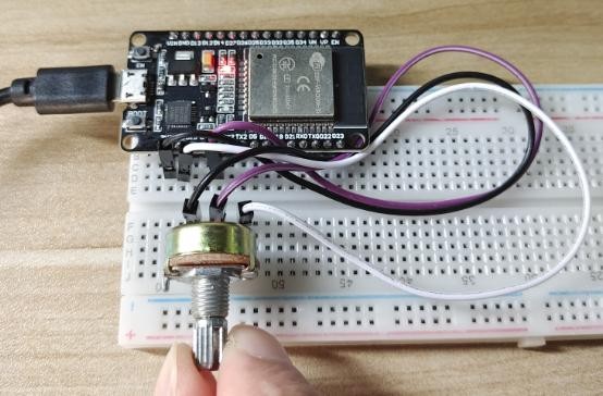 Potentiometer on a breadboard with the ESP32