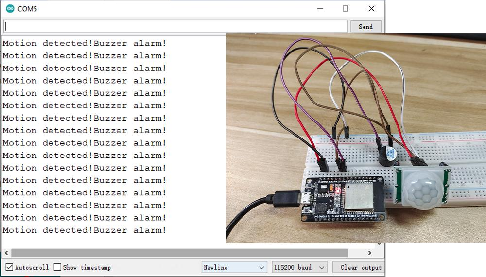 PIR and buzzer wired to the ESP32 with serial output