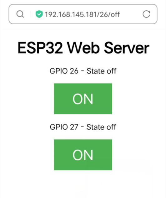ESP32 Web Server page with ON buttons